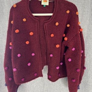FARM Rio Burgundy Cardigan with Rainbow Pom-Poms